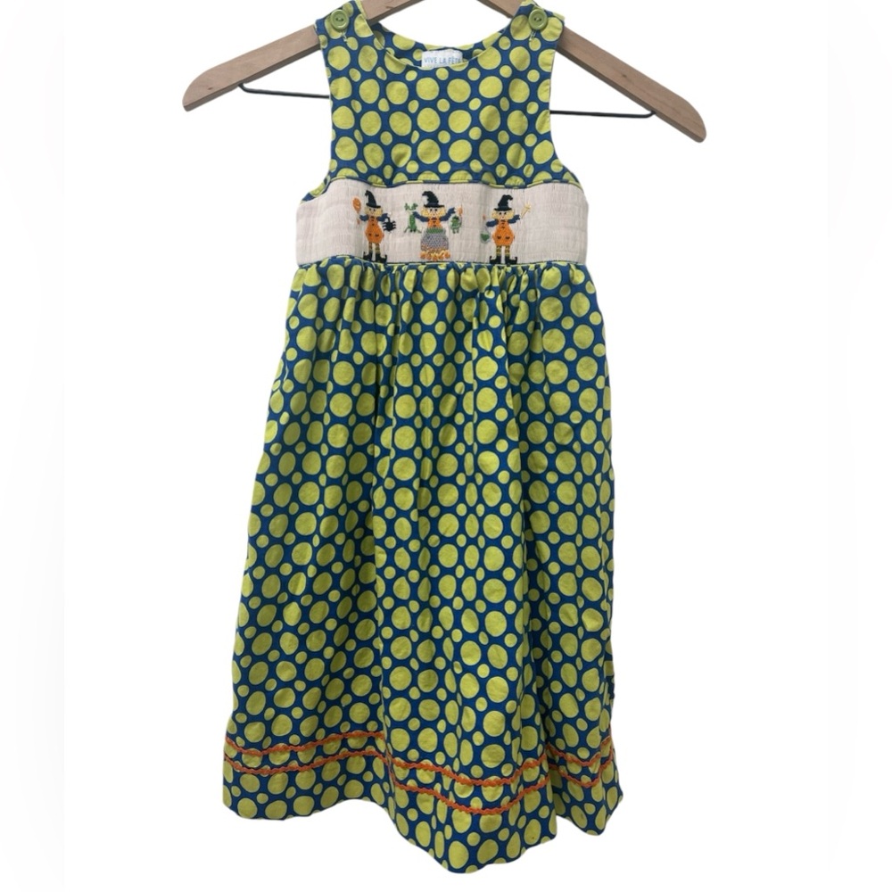 Girl’s Smocked Halloween dress, Green and Blue Polka Dot Size 5